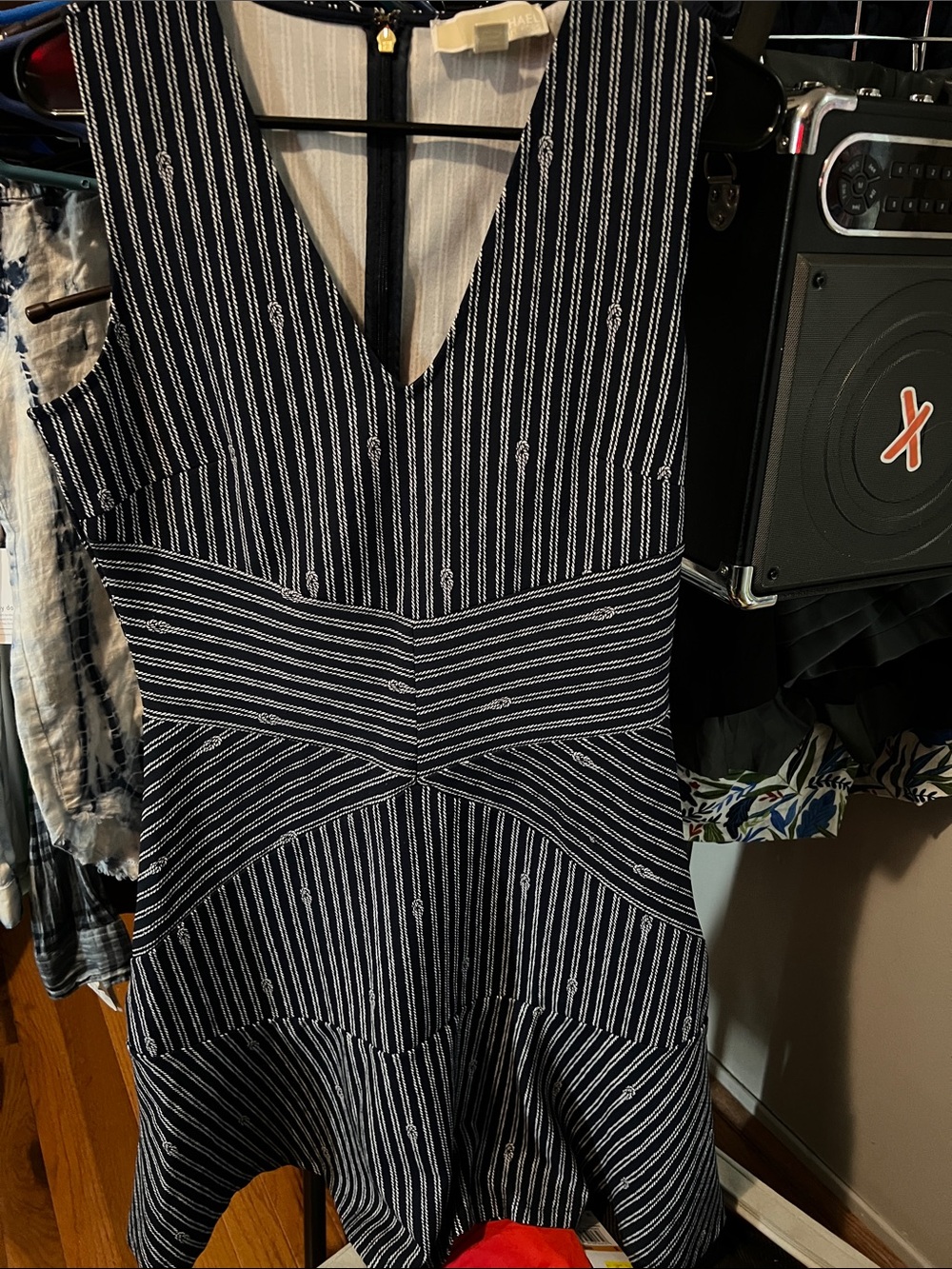 Michael Kors Navy & White Rope Striped V‑Neck Dress Sz Medium